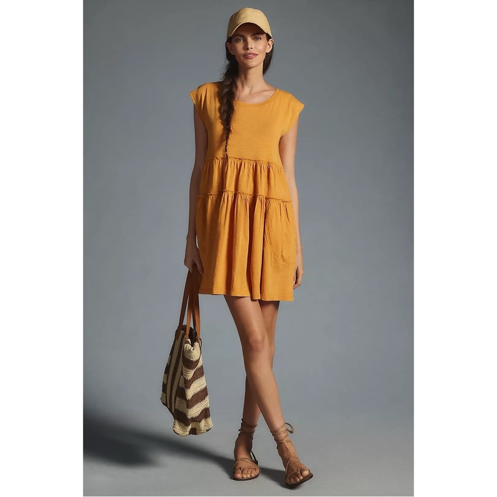 Anthropologie Daily Practice Bonita Tiered Mini Dress in Yellow Orange Gold